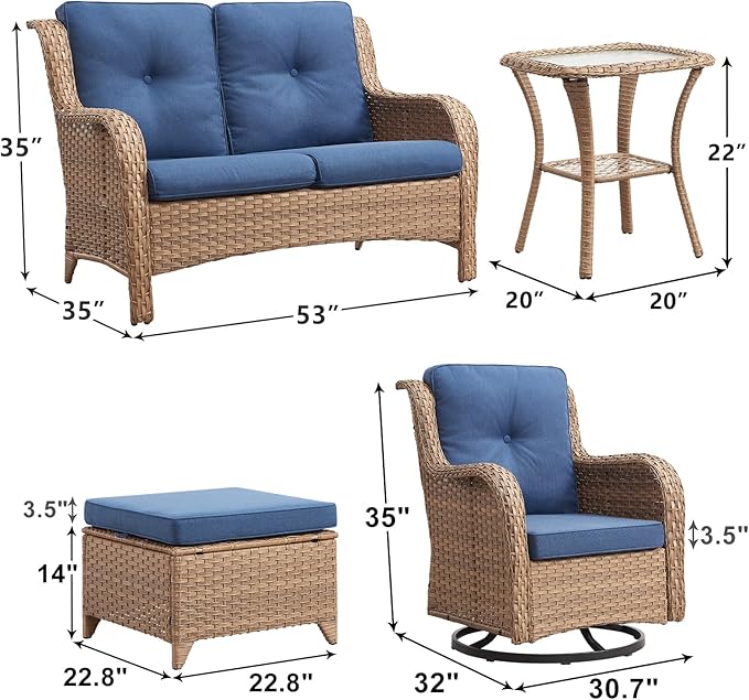 Outdoor Wicker Patio Furniture Set - 6 Piece Rattan Patio Conversation Set with 2 Rocking Swivel Chairs,2 Ottomans,1 Loveseat and 1 Side Table for Porch Deck Backyard Garden(Yellow/Blue)-VerdiqueGarden