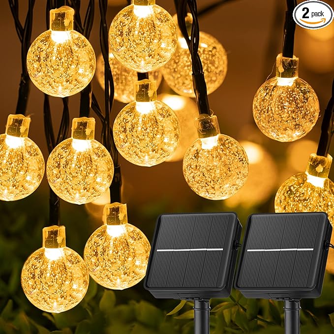 Solar String Lights Outdoor Waterproof, 2 Pack 60 LED 36.5 FT Each, Crystal Globe Lights with 8 Lighting Modes, Solar Powered Patio Lights for Garden Yard Porch Wedding Party Decor (Warm White)-VerdiqueGarden