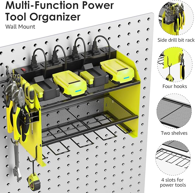 CCCEI Set Power Tool Organizer Wall Mount with Charging Station. Garage 4 Drill Storage Shelf with Hooks, Heavy Duty Metal Tool Battery Charger Organizer. Shop Utility Rack with Power Strip Green.-VerdiqueGarden