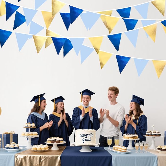 Gold Blue Party Decoration Gradient Blue and Gold Triangle Pennant Banner Flag Metallic Fabric Bunting Garland for Nautical Ahoy Achor Birthday Graduation Retirement Wedding Baby Shower Party Supplies-VerdiqueGarden