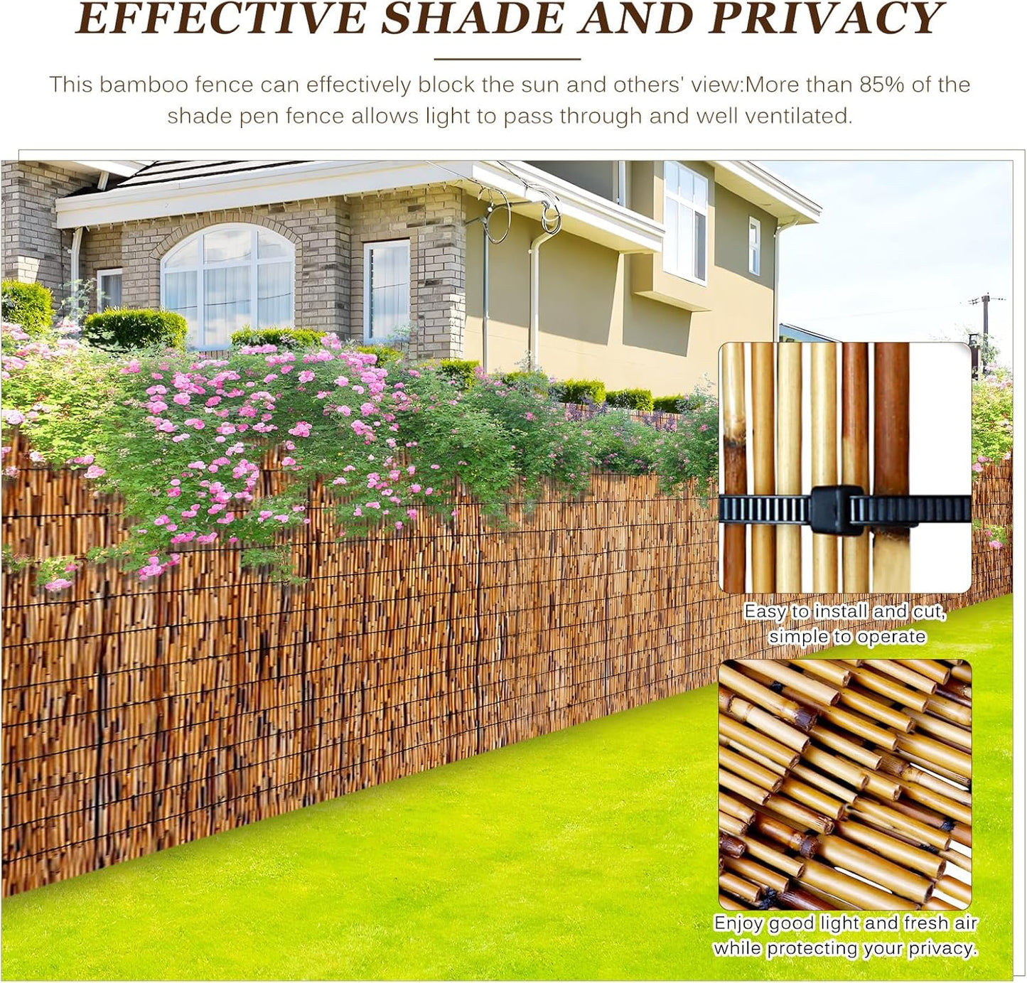 Natural Reed Fencing Rolls: Privacy Bamboo Fence 3/4/5/6ft High Roll Reed Screen, Decorative Bamboo Fencing for Outdoor Balcony Patio Garden Backyard,with Cable Zip Ties(Coffee, 4x10ft)-VerdiqueGarden