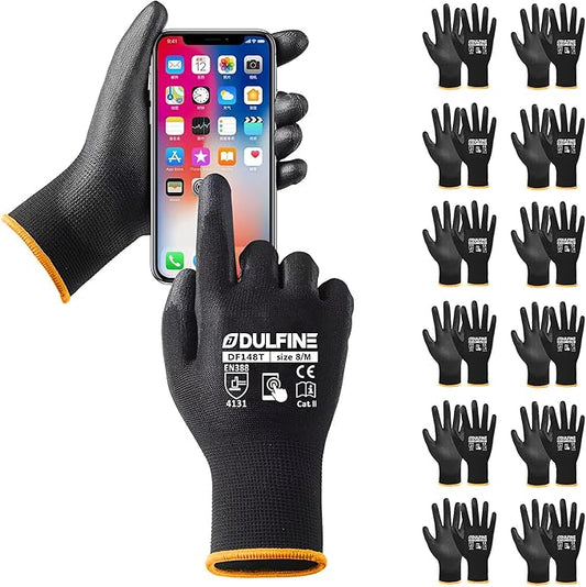 DULFINE Safety Work Gloves PU Coated for Men and Women-12 Pairs,Black Seamless Knit Glove with Two Fingers Touchscreen,Ideal for General Duty Work (Medium)-VerdiqueGarden