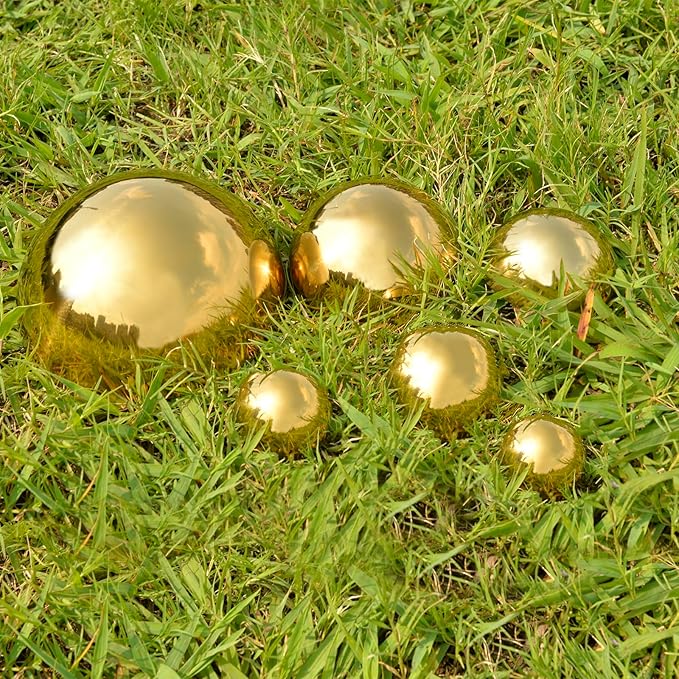 Nerien Gazing Ball, Stainless Steel Garden Mirror Globe, Polished Ornament Sphere, Hollow Floating Reflective Hemisphere, for Home Outdoor Pond Housewarming Swimming Pool Decoration, Gold, 6Pcs Mix-VerdiqueGarden