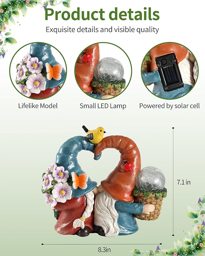iStatue Solar-Powered 8.3'' Spring Summer Kissing Gnomes Decorations for Home & Garden - Decorative Outdoor Lawn Ornaments and Statues Clearance (Loved Gnomes)-VerdiqueGarden