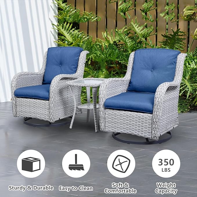 Outdoor Swivel Rocker Patio Chairs Set of 3,High Back Swivel Patio Chairs Wicker Furniture Set,2 PCS Rattan Swivel Rocking Chair with Side Table,Light Grey Wicker (A089-2)-VerdiqueGarden