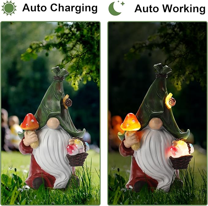 Mushroom-Picking Gnome Solar Garden Statue with 3 LED Lights, Set with 1 Gnome and 2 Small Mushroom, Lovely Garden Gnome Set for Patio, Yard, Lawn Ornament, Outdoor Decor-VerdiqueGarden