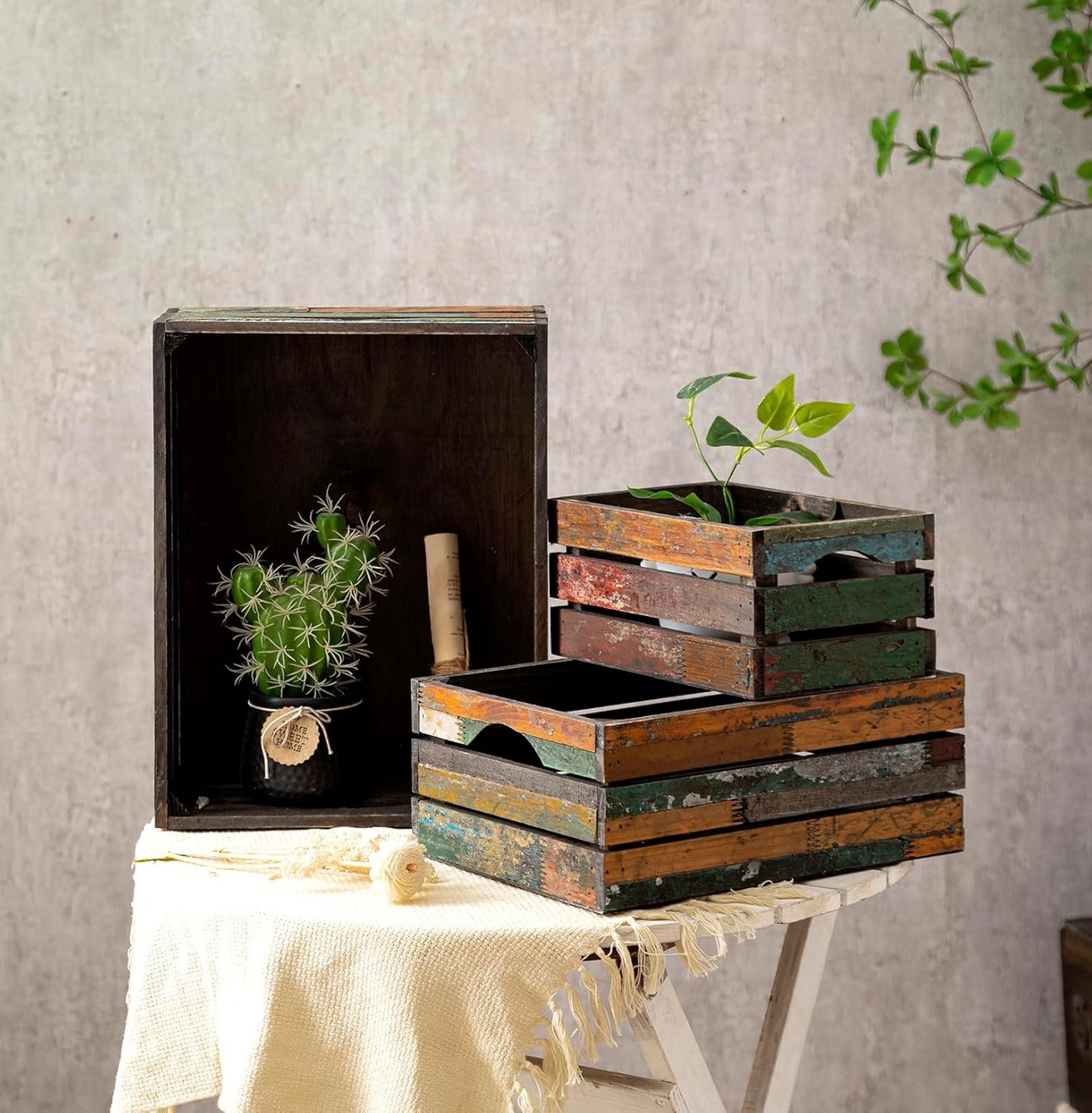 TIMRIS Set of 3 Rustic Distressed Wood Nesting Crates, Farmhouse Decorative Wooden Storage Boxes, Large Vintage Reclaimed Wood Baskets for Display (Random)-VerdiqueGarden