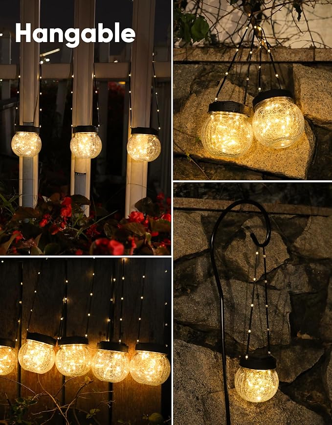 Solar Lanterns Solar Lights Outdoor Waterproof 6-Pack, Solar Powered Hanging Lights Cracked Glass Hanging Globes for Christmas Decoration, Shepherd Hook, Garden Tree Ornaments-VerdiqueGarden