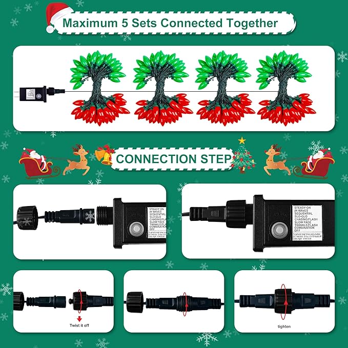 C9 Bulbs Classic Christmas Lights - 50 LED 32ft Strawberry String Light Red&Green - Extendable 8 Modes Funtion with Timer Fairy Lighting for Outdoor, Indoor, Party, Home, Tree Decorations-VerdiqueGarden