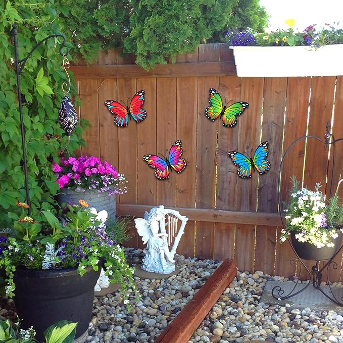 Oraytteo 4 Pack Metal Butterfly Wall Decor, Butterflies Wall Art Hanging Sculptures for Outdoor, Fence Patio Yard Tree Garden Home Decorations, Housewarming Gift-VerdiqueGarden