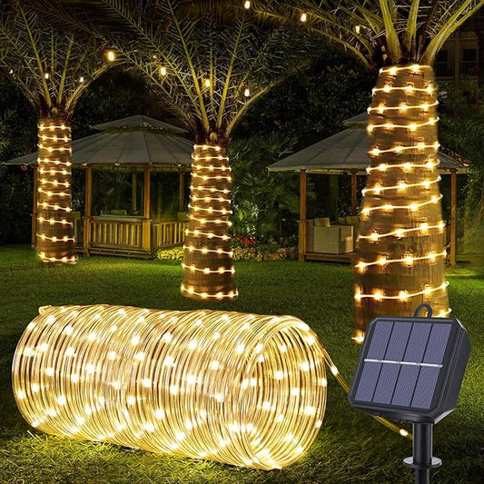 Solar Rope Lights, 66ft 200LED String, 8 Modes Waterproof Powered Outdoor, Flexible Clear Tube for Garden, Backyard, Patio, Deck, Porch, Pool, Tree Decor - Warm White-VerdiqueGarden