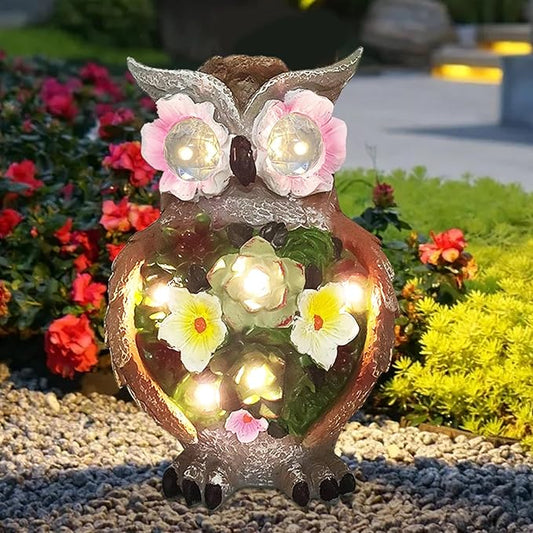 Owl Garden Statue,Solar Garden Statues with Flower LED Lights, Resin Owl Figurine for Lawn Patio Porch Yard Deco Gifts for Women/Mom/Grandma-VerdiqueGarden