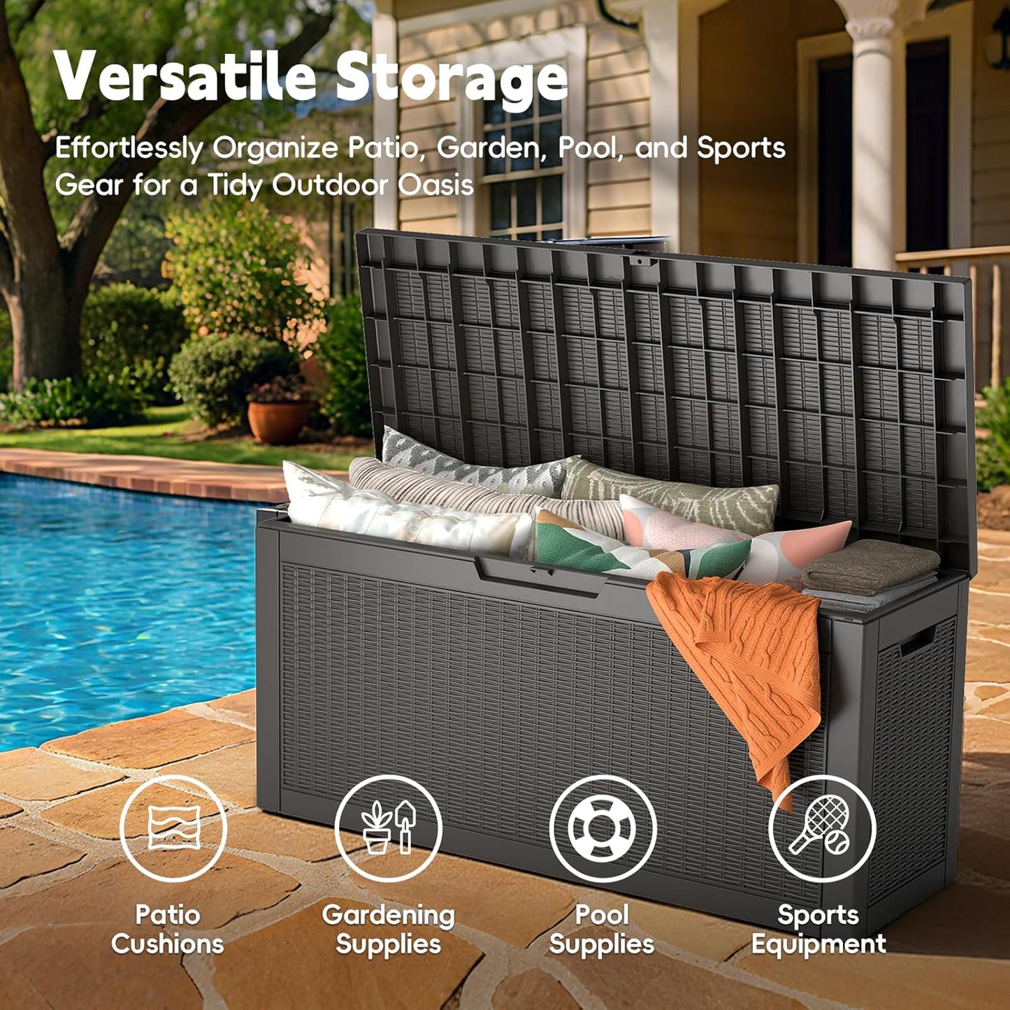 Outdoor Storage Box, 60 Gallon Waterproof Resin Deck Box, Storage Bin for Package Delivery, Patio Furniture Cushion, Garden Tools, Pool Accessories, Weatherproof and UV Resistant, Black-VerdiqueGarden