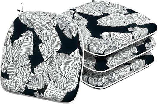 Indoor/Outdoor Chair Cushions 16x17 Inch, Patio Chair Cushions with Ties, All Weather Seat Cushions for Patio Furniture Home Garden Chair Use, Set of 4, Black Lush Leaves-VerdiqueGarden