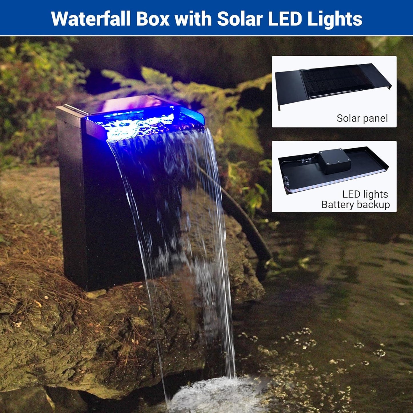 NFESOLAR Pond Waterfall Spillway Kit, Includes Large 7.8" W 13.4" H Stainless Waterfall Box, 660GPH Water Pump, Blue LED Lights for Garden Outdoor Pond 500-1500 Gallons N4213-VerdiqueGarden