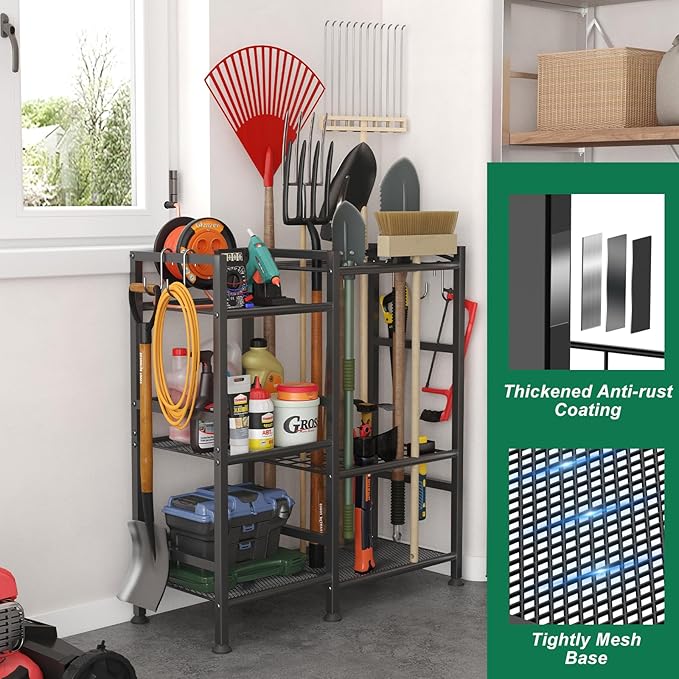 keomaisyto Garden Tool Organizer for Garage Organization, 3 Tier Yard Tool Storage Rack with 35 Long-Handled Tool Slots, Heavy Duty Garden Tool Holder with Large Hooks for Shed, Yard, Garage-VerdiqueGarden