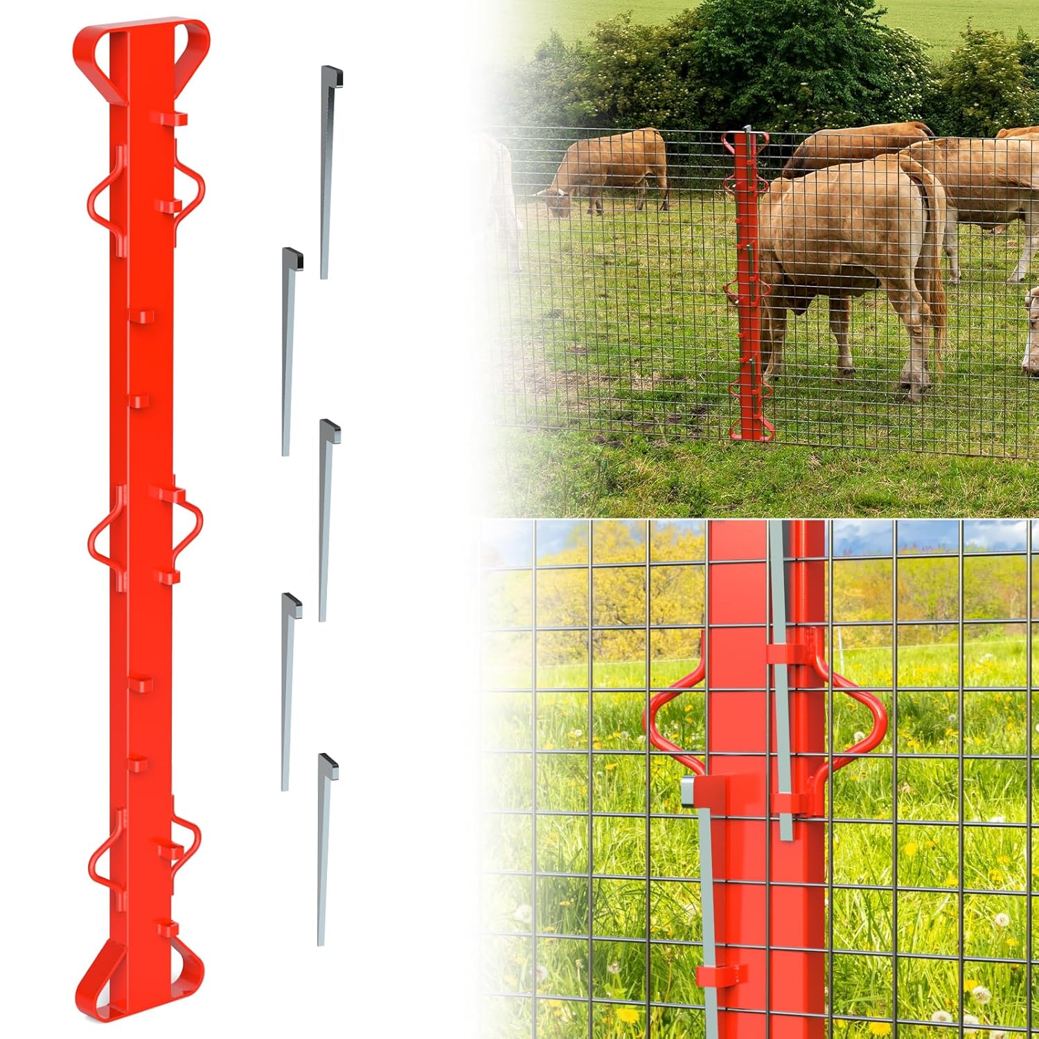 4ft Woven Wire Fence Stretcher Bar with 5 Wedges Heavy Duty Wire Stretcher Fence Tool for Farms, Ranches, Garden Barriers, Yard (Red)-VerdiqueGarden