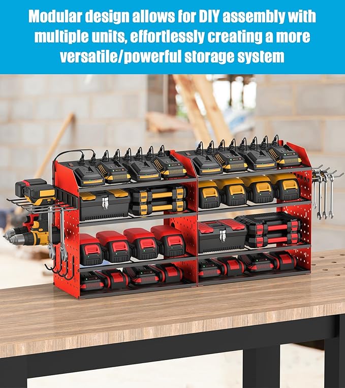 CCCEI Modular Desk Power Tools Organizer with Charging Station, 4 Layer Drills Battery Storage Wall Mount, Garage Shop Organization, Anniversary, Birthday, Gifts for Men, Father, Red, 10FT Cord.-VerdiqueGarden