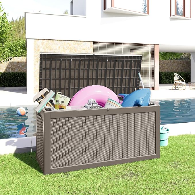 260 Gallon Resin Deck Box, Lockable Patio Outdoor Storage Box for Furniture, Garden Tools and Tools Storage, Waterproof Outside Storage Boxes - Grey-VerdiqueGarden