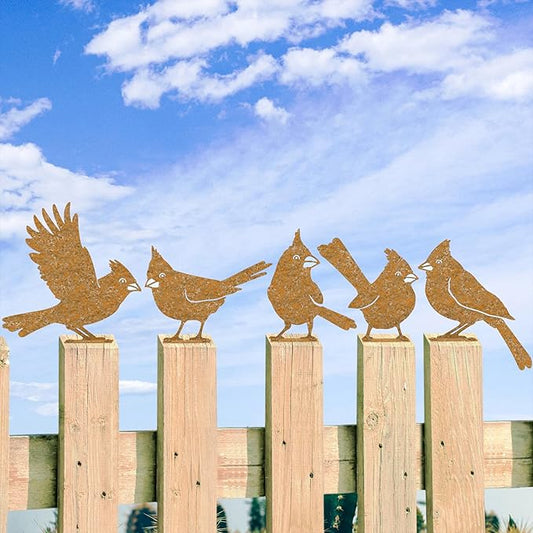 5Pcs Metal Birds Cardinal Craft Statue Ornaments Fence Topper Decor, Rusty Birds Metal Art for Fence Decorations Outdoor, Metal Bird Silhouette with Rusty Yard Art-VerdiqueGarden