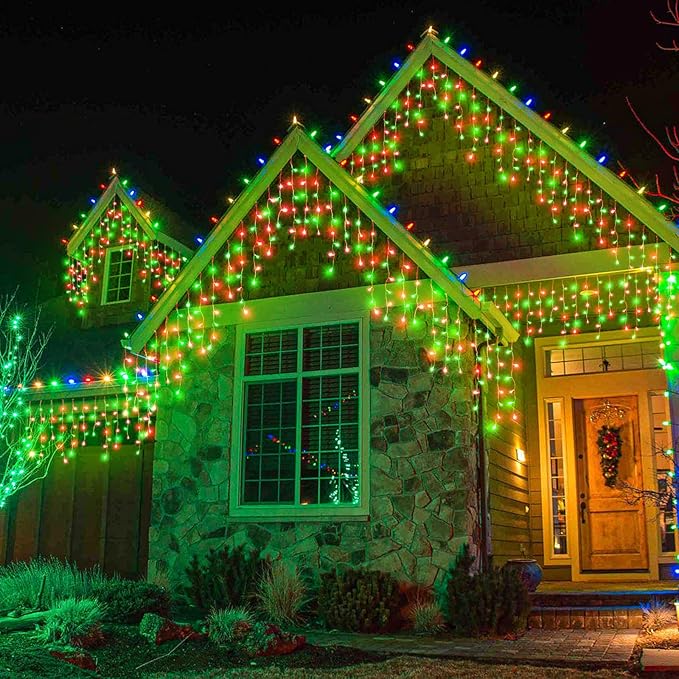Icicle Lights for Outside, 33FT 400 LED Christmas Lights Outdoor with Waterproof 8 Modes, Plug in Connectable String Twinkle Light for Indoor Roof Window Garden Fence Party Decorations, Red Green-VerdiqueGarden