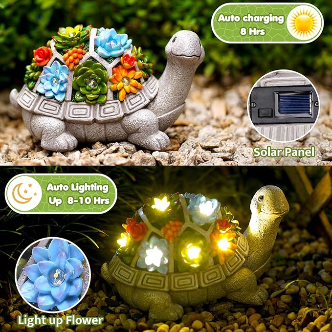 Solar Garden Turtle Statue - Turtle Decor with 7 Warming Solar LED Lights, Outdoor Decorations for Yard Patio Lawn & More, for Women, Moms, Birthdays or Turtle Lovers-VerdiqueGarden