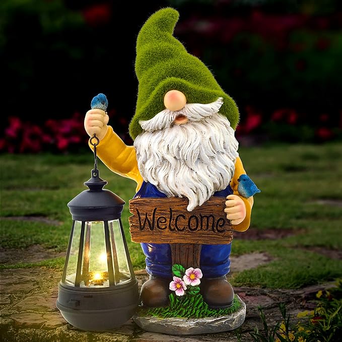 Garden Gnomes Outdoor - Flocked Gnome Statue Holding Lantern with Solar LED Lights | Gnomes Garden Decorations for Patio, Yard, Lawn Ornaments - Gnome Gifts-VerdiqueGarden