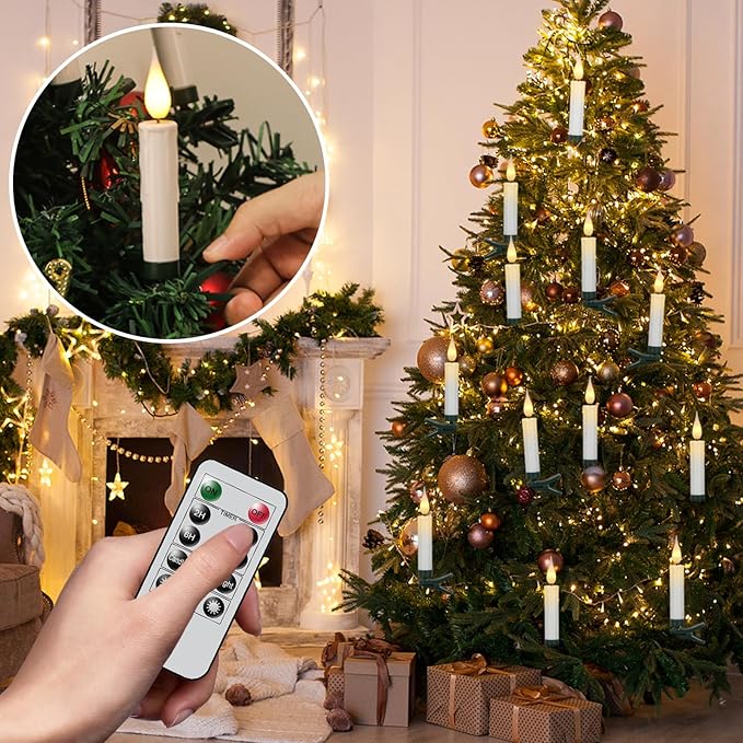 DRomance Christmas Tree Flameless Taper Candle Lights Battery Operated with 10-Key Remote and Timer, 10 Pack Plastic 3D Wick Flickering LED Taper Candles Multi-Using Home Garden Holiday Decor 3.4"-VerdiqueGarden