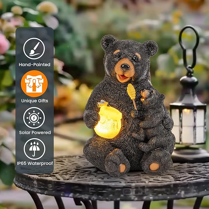 GIGALUMI Solar Garden Statues Loving Bear Figurine Lights for Outside, Yard Decorations Outdoor, Garden Decor Unique Birthday Housewarming Gifts for Mom, Women, Black-VerdiqueGarden
