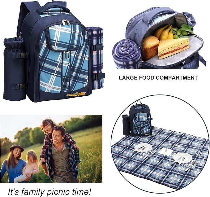 Apollo walker Picnic Backpack Set for 4 with Cooler Compartment,Detachable Bottle/Wine Holder Including Large Picnic Blanket(45"x 53") for Picnic Family and Lovers Gifts,Outdoor,BBQ Time (Blue)-VerdiqueGarden