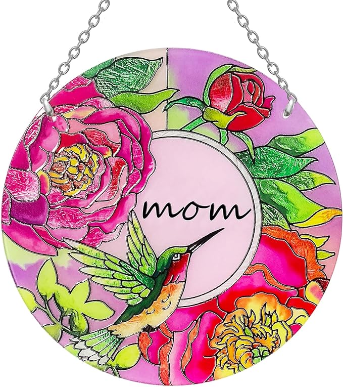 Hummingbird Gifts for Mom, Stained Glass Bird Window Hangings, Sun Catcher Ornament Hanging for Windows, Hummingbird Suncatcher for Women, Mother's Day Birthday Christmas (Suction Cup, 6in)-VerdiqueGarden