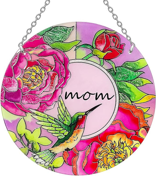 Hummingbird Gifts for Mom, Stained Glass Bird Window Hangings, Sun Catcher Ornament Hanging for Windows, Hummingbird Suncatcher for Women, Mother's Day Birthday Christmas (Suction Cup, 6in)-VerdiqueGarden