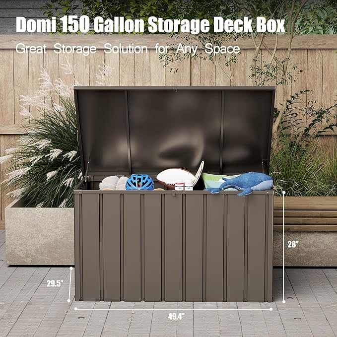 Domi Deck Box 150 Gallon, Waterproof Lockable Steel Outdoor Storage Container for Outside Cushions, Garden Tools and Pools Equipment, Brown-VerdiqueGarden
