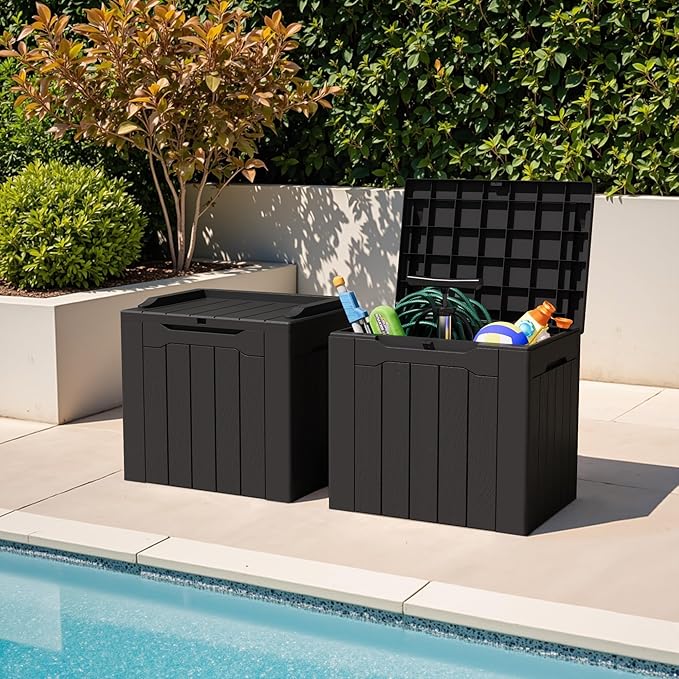 Greesum 31 Gallon Deck Box for Outside, All Weather Outdoor Storage Boxes for Patio Furniture Set, Package Delivery Box, Garden Tools, Black(Set of 2)-VerdiqueGarden