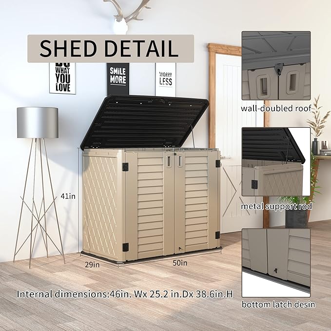 HOMSPARK Storage Shed Weather Resistance, Multi-Purpose Outdoor Storage Cabinet for Backyards and Patios, Horizontal Storage Shed for Lawnmower, Patio Accessories (Coffee, Large - 26 cu.ft)-VerdiqueGarden