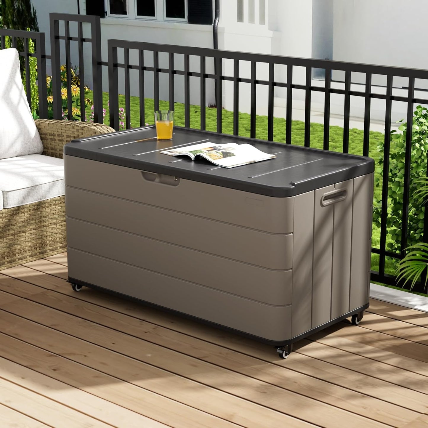 100GAL Brown Wicker-Textured Deck Box with Wheels – Lockable, Waterproof, UV-Resistant, Spacious Storage for Patio & Garden Supplies, Easy Handling-VerdiqueGarden