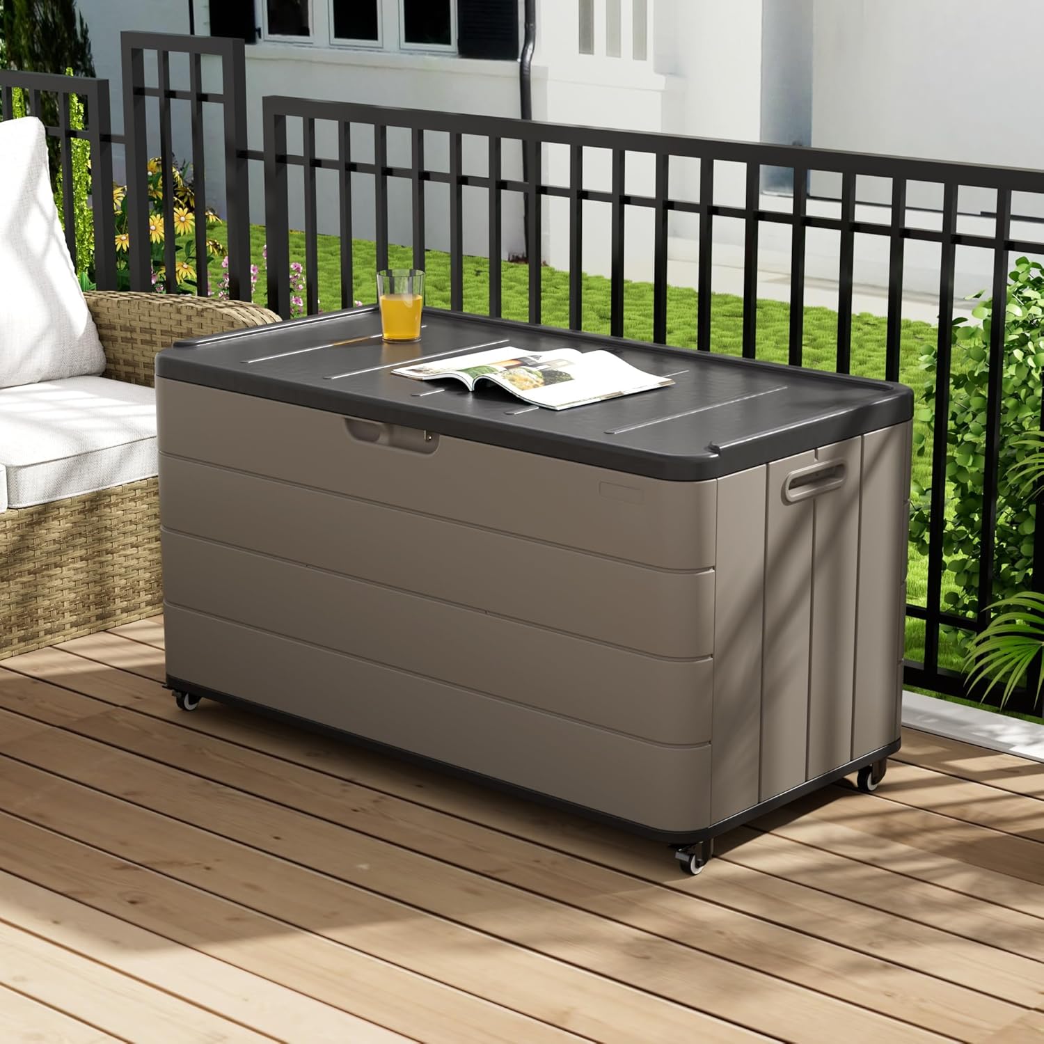 100GAL Brown Wicker-Textured Deck Box with Wheels – Lockable, Waterproof, UV-Resistant, Spacious Storage for Patio & Garden Supplies, Easy Handling-VerdiqueGarden