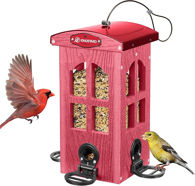 Kingsyard Upgraded Rainproof Bird Feeder for Outdoor Hanging - Metal Feeding Port, Recycled Plastic Wild Bird Feeder with Metal Mesh Tray for Goldfinch Small Bird, Garden Yard Decoration, Red-VerdiqueGarden