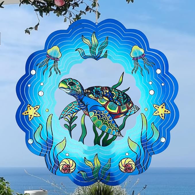 Sea Turtle Wind Spinners 3D Hanging Wind Spinner Sea Turtle Ornament Gifts for Women Mom Grandma,12inch Metal Wind Kinetic Sculpture for Outdoor&Indoor Decor, Yard Art, Garden Decoration-VerdiqueGarden