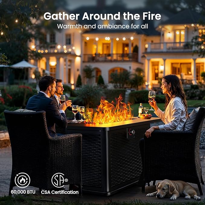 Ciays 43-Inch Rectangular Propane Fire Pit with 60,000 BTU Output, Gas with Cover and Rocks, Table CSA-Certified 2 in 1Table Gatherings Parties with 304 Stainless Steel H-Burner-VerdiqueGarden