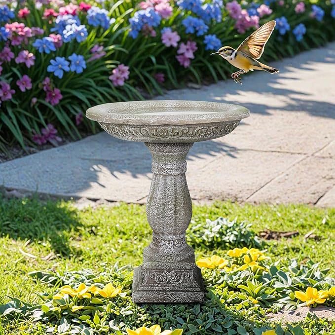SunJet 23.8” H x 20” Dia Outdoor Birdbath with Exquisite Carvings Pedestal - Fibre Reinforced Concrete Birdbaths, Neoclassical Style Design for Garden Decor & Bird Attraction-VerdiqueGarden
