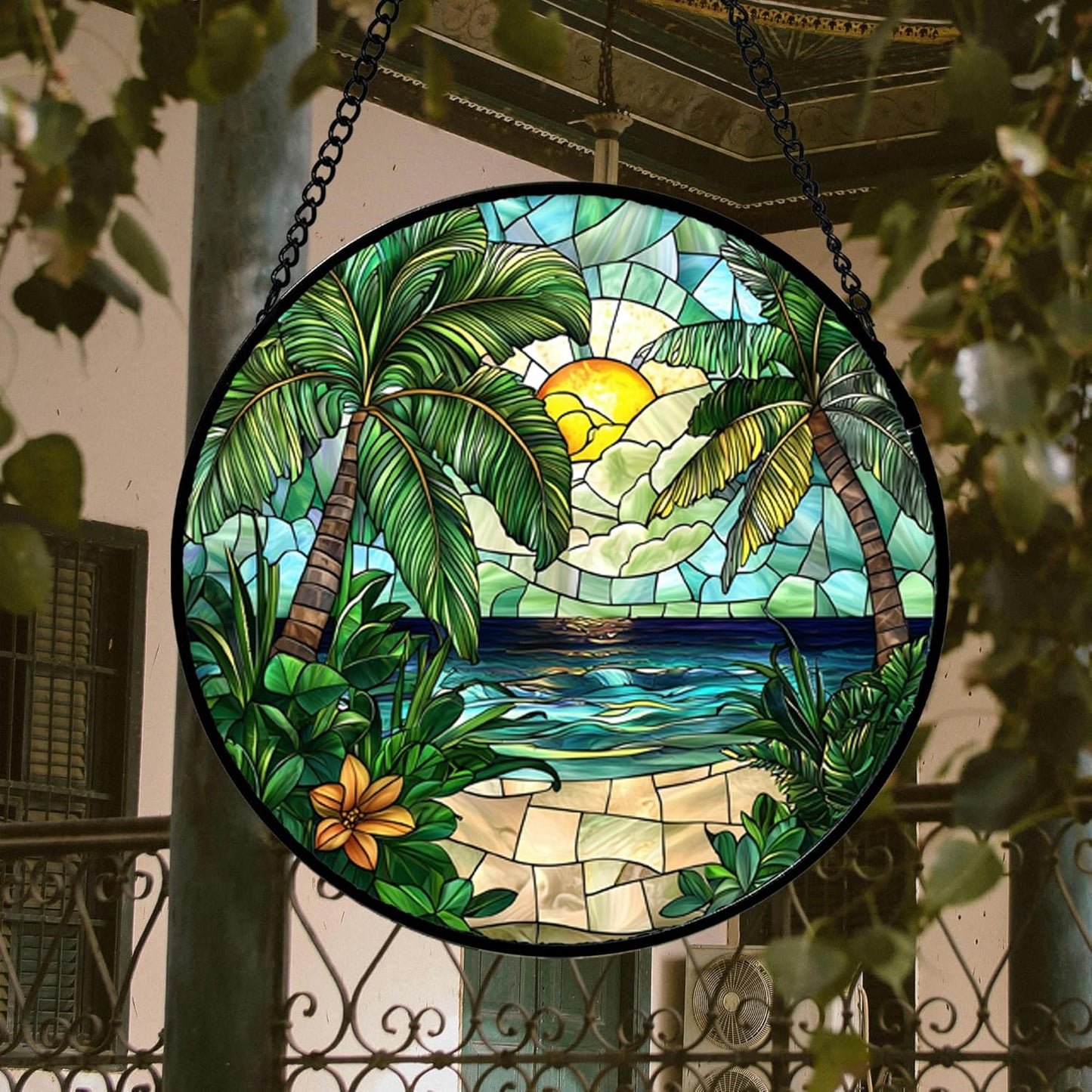 Stained Glass Window Hanging, Green Beach Scenery Suncatcher Diamond Glass Panel Hangings Sun Catchers Decor for Birthday for Women, Men, Wife, Aunt, and Mom 14.9x14.9 in-VerdiqueGarden