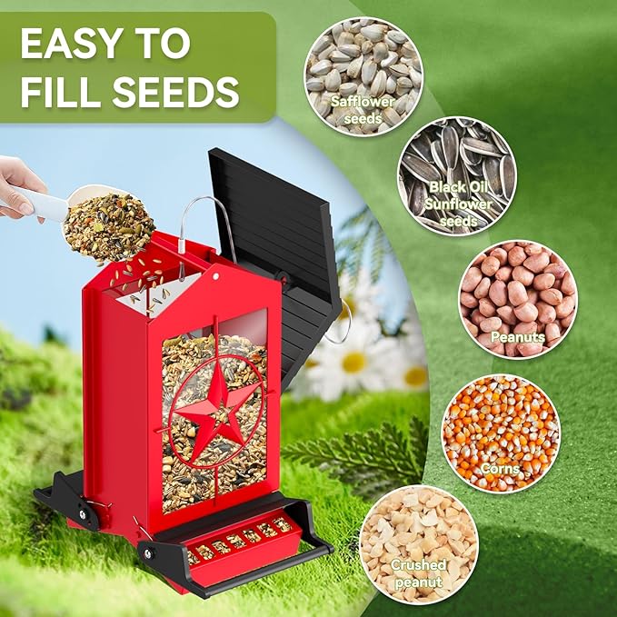 Squirrel Proof Bird Feeder for Outdoors Hanging, Metal Wild Bird Seed Feeder with Bilateral Weight-Activated Perches, 5LB Large Capacity Wild Bird Feeders for Outside Finch, Cardinal, Blue Jay-VerdiqueGarden