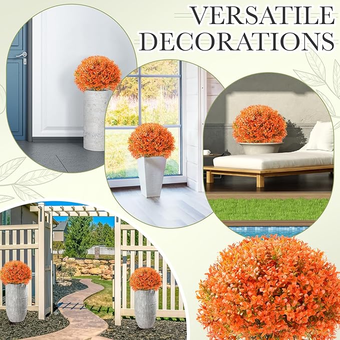 Yunlly 2 Pack 18" Artificial Boxwood Ball Bush Topiary Trees Fake Outdoor Plants, Realistic UV Resistance Faux Shrubs with Spike Greenery Topiary for Front Porch Garden Yard Patio Indoor (Orange)-VerdiqueGarden