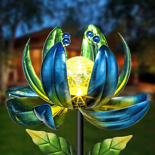 Huaxu Solar Outdoor Lights 35.4In Garden Decor Flower Wind Spinners,Waterproof LED Crackle Glass Globe Blue Lotus Art Metal Stake for Lawn Patio Pathway Yard Porch Driveway Decorations Gift-VerdiqueGarden