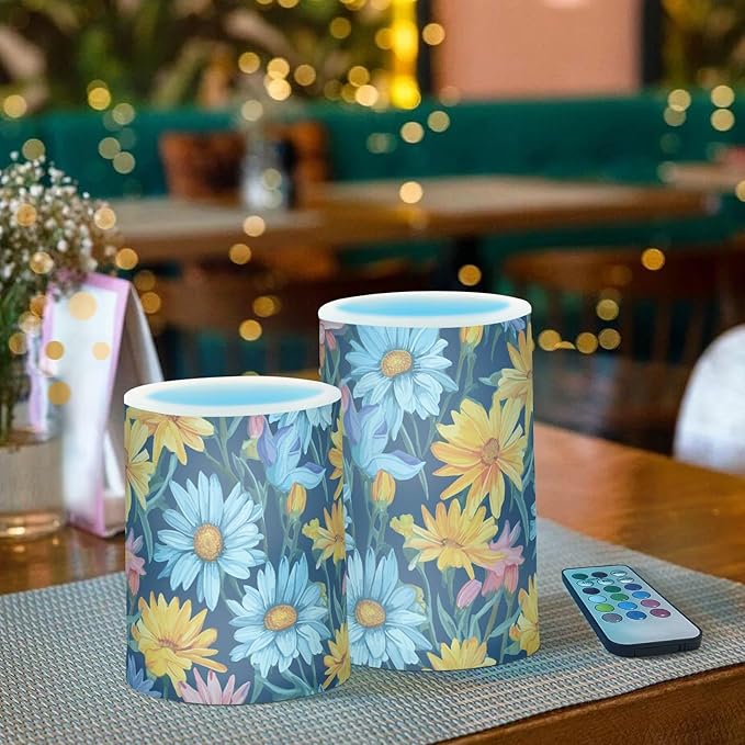 Flickering Flameless Candles, Daisy Flowers Botanical LED Candles with Remote Timer, Set of 2 Battery Operated Candle for Valentine Wedding Birthday-VerdiqueGarden