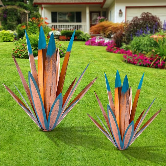 Homight Metal Agave Plants Outdoor Decor Mexican Yard Art Plants Garden Decor for Outside Metal Art Flowers Gifts for Butterflies Bees Birds for Gifts (1big&1small)-VerdiqueGarden