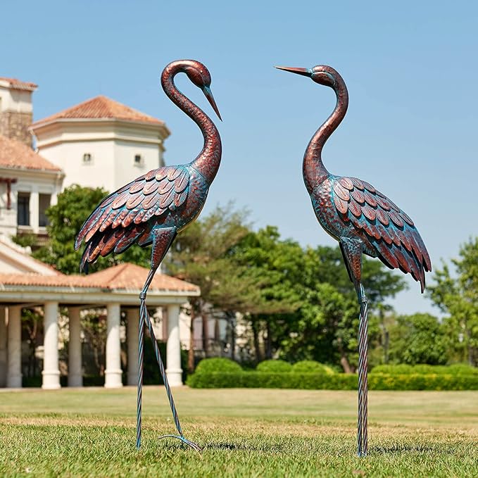 Kircust Garden Crane Statues Patina Heron Decoy, Standing Metal Crane Sculptures Bird Yard Art for Outdoor Decor, 47-48 Inch, Set of 2-VerdiqueGarden