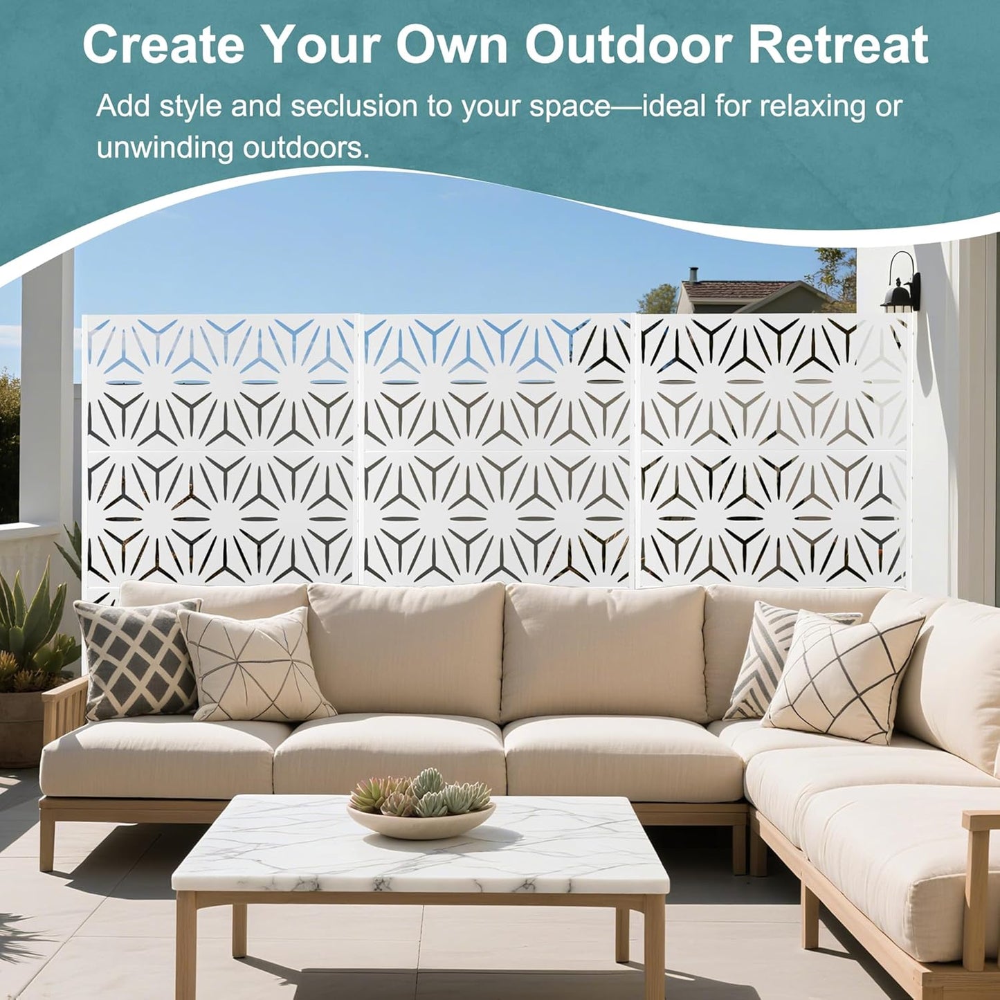 Metal Privacy Screen Outdoor Freestanding Privacy Wall Panels and Decorative Patio Dividers, Crafted from Steel with Sun-Proof Design, Ideal for Patio, Deck, Garden,72" H×47" L,（White&Star）-VerdiqueGarden
