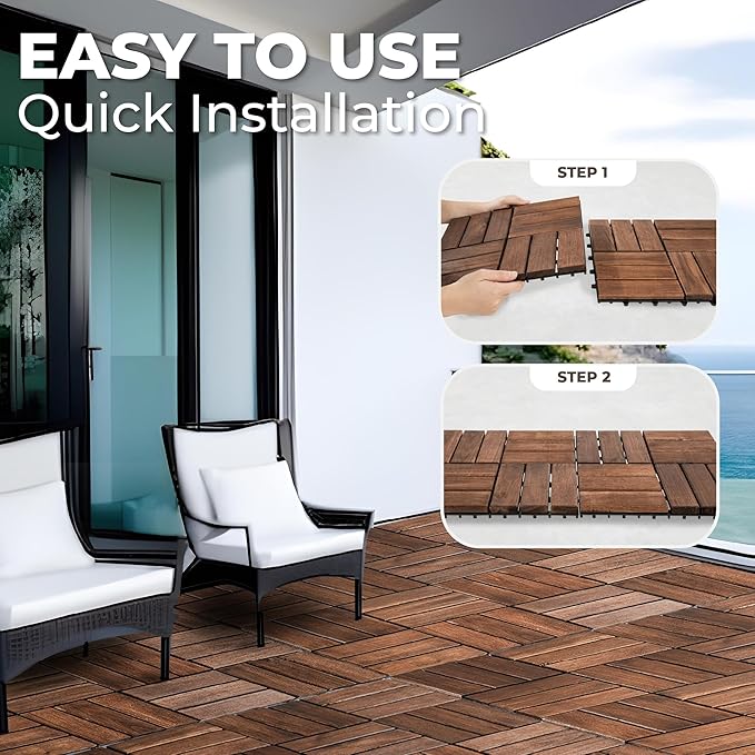 Pack of 10 Deck Tiles - 12"x12" Interlocking Natural Solid Acacia Wood for Outdoor & Indoor, Patio Garden, Balcony, Poolside - Dark Brown Color-VerdiqueGarden